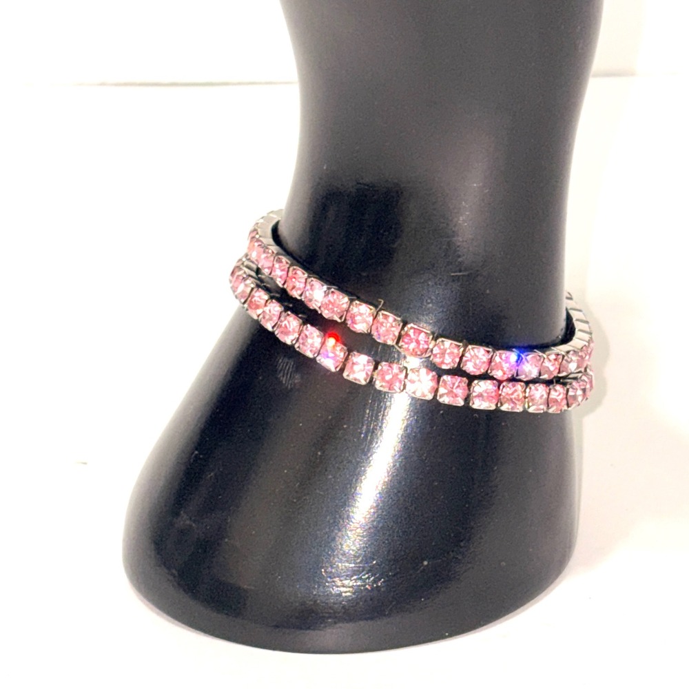 Pink Rhinestone Silver Tone Stretch Tennis Bracelet Set of 2 Bangle Extendable - Picture 5 of 11